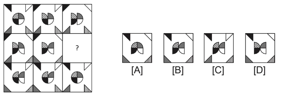 Complete the pattern: example question showing a 3x3 grid with one cell missing
