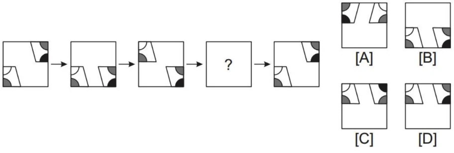Sequence of five frames showing shapes in the corners of a square, with the fourth frame missing